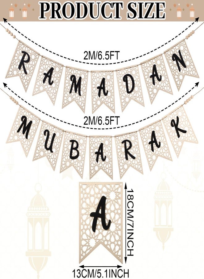 SmoothNovelty 2 Pcs Eid Ramadan Mubarak Banner Wooden Ramadan Mubarak Decoration Rustic Bead Ramadan Decorations Banner Muslim Party Decor Supplies for Home Fireplace Indoor Outdoor(Black Letter) - Image 3